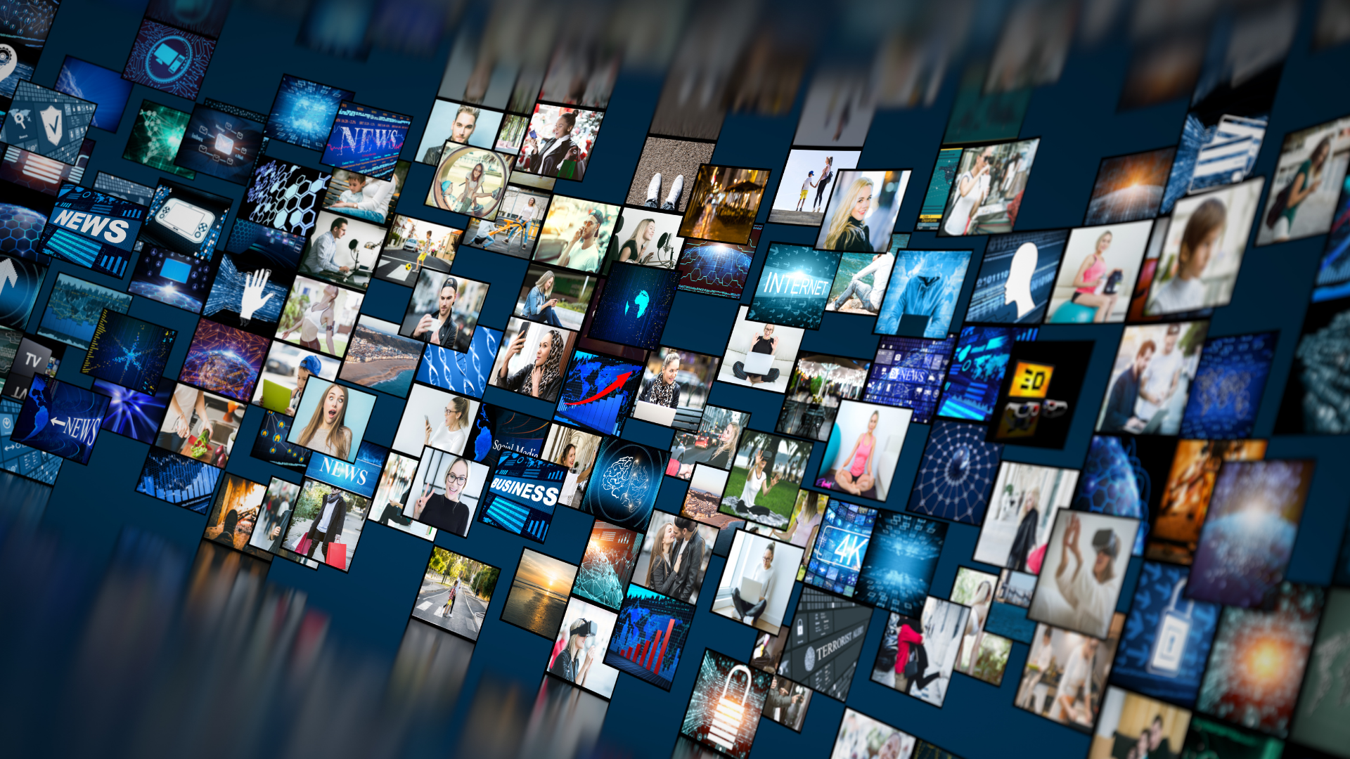An image with multiple screens displaying various news and media images